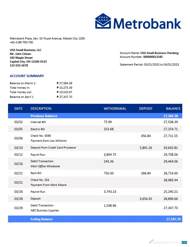 Download Metrobank enterprise statement Word and PDF template Photoshop template